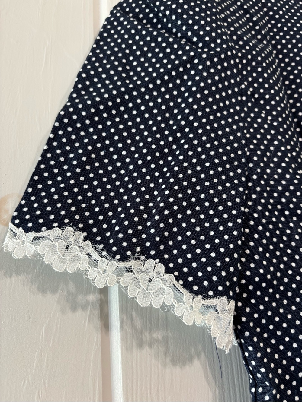Reformation Annabella Linen Raindrops Navy Polka Dot Lace-Trim Short Sleeve 4 - Picture 4 of 9